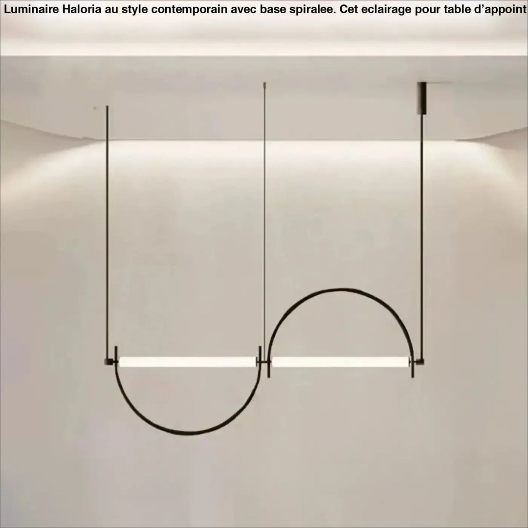 Suspension luminaire arcario en métal noir minimaliste avec deux barres led horizontales et arc courbé suspendu par fils fins