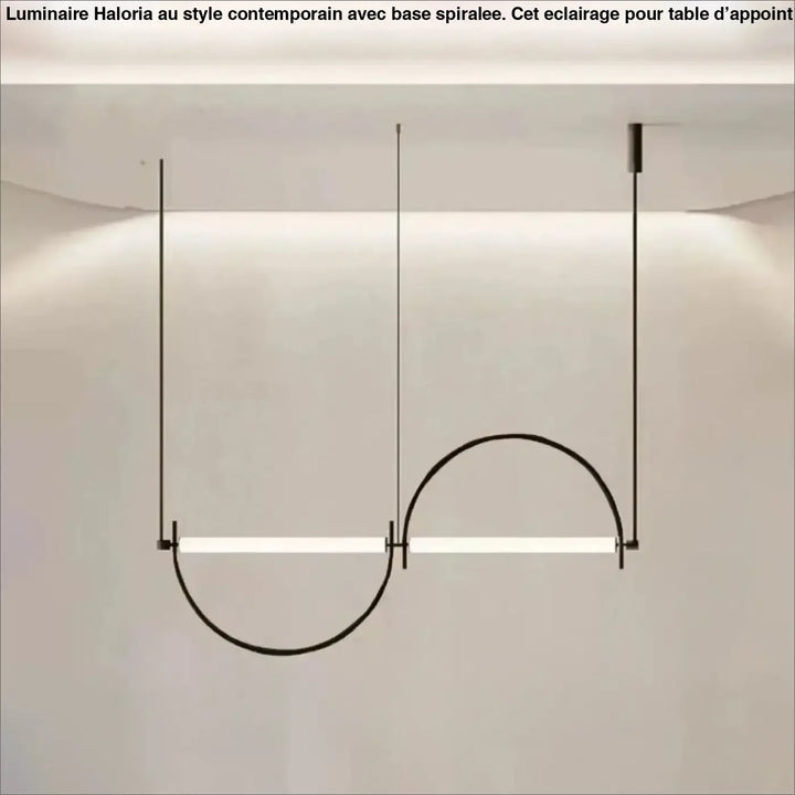 Suspension luminaire arcario en métal noir minimaliste avec deux barres led horizontales et arc courbé suspendu par fils fins
