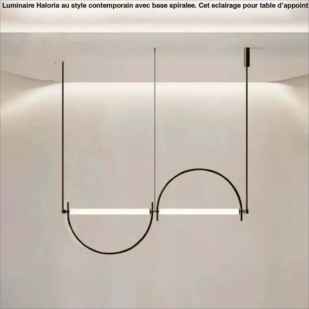 Suspension luminaire noir en métal minimaliste avec deux barres horizontales incurvées et éclairées arc