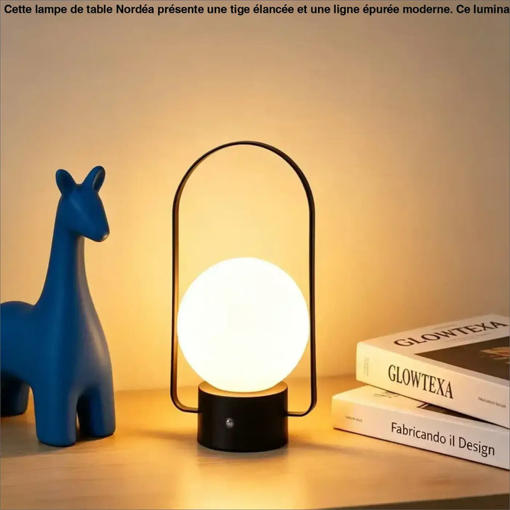 Lampe de table archelia avec sphère lumineuse blanche et arche métallique élégante en métal noir moderne