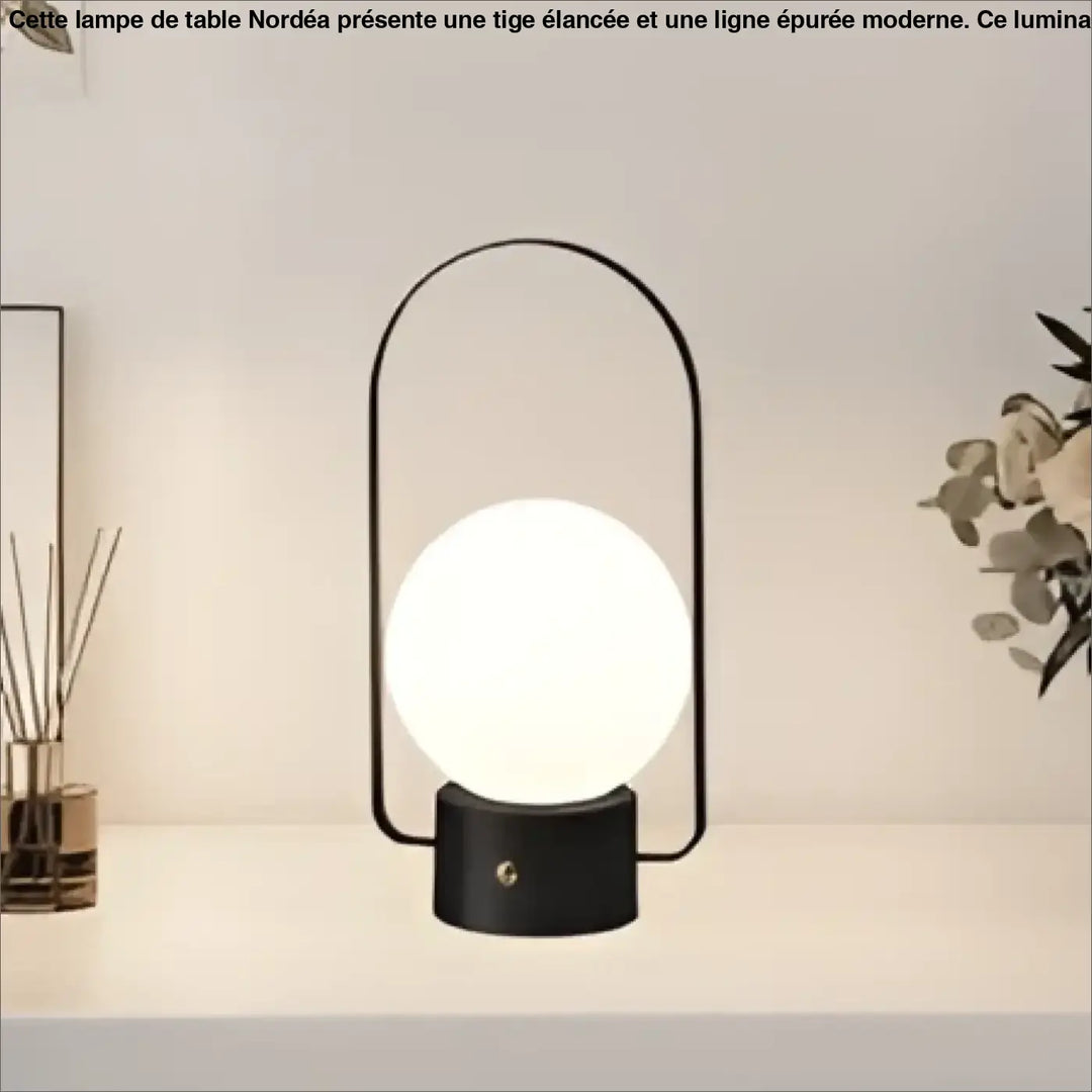 Lampe de table archelia avec arche métallique élégante et sphère lumineuse blanche éclatante en métal noir moderne