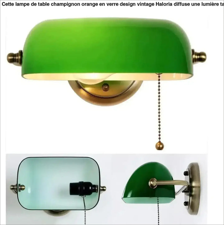 Applique murale design avec lampe de bureau verte en verre et accents en laiton avec interrupteur à chaînette