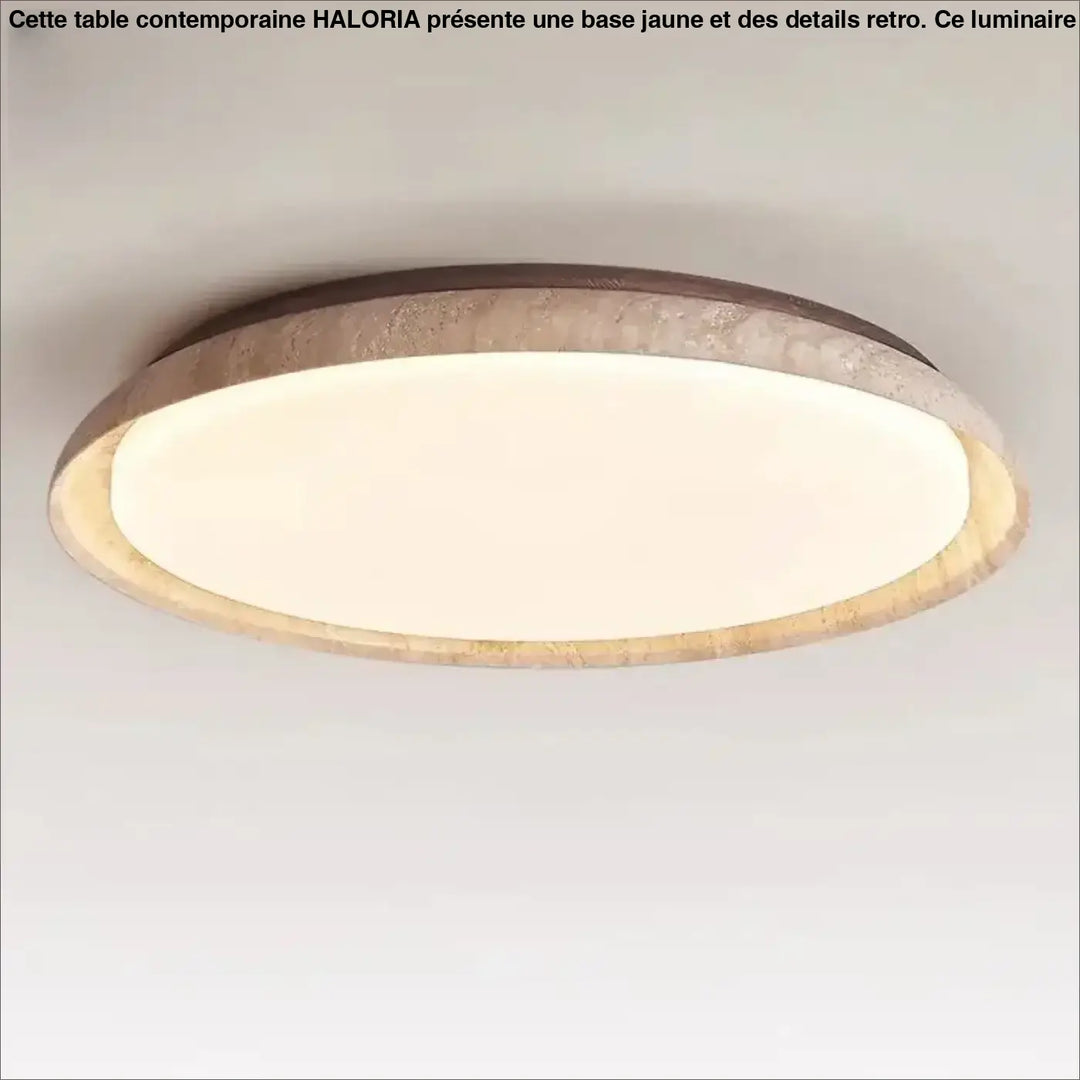 Luminaire plafonnier koru avec source lumineuse circulaire diffuse et cadre en pierre beige et brun en matériau principal