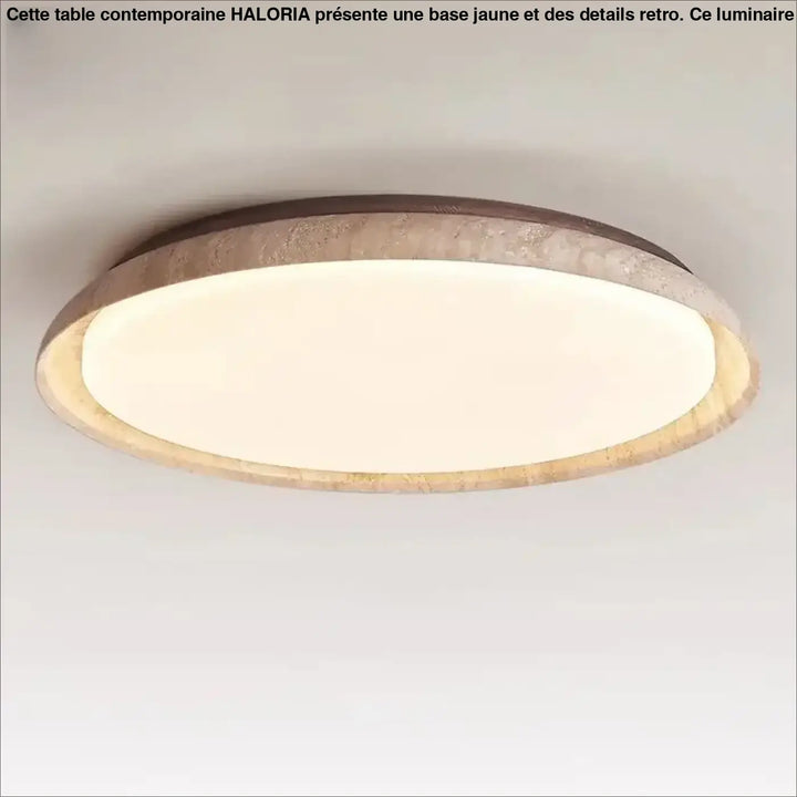 Luminaire plafonnier koru avec source lumineuse circulaire diffuse et cadre en pierre beige et brun en matériau principal