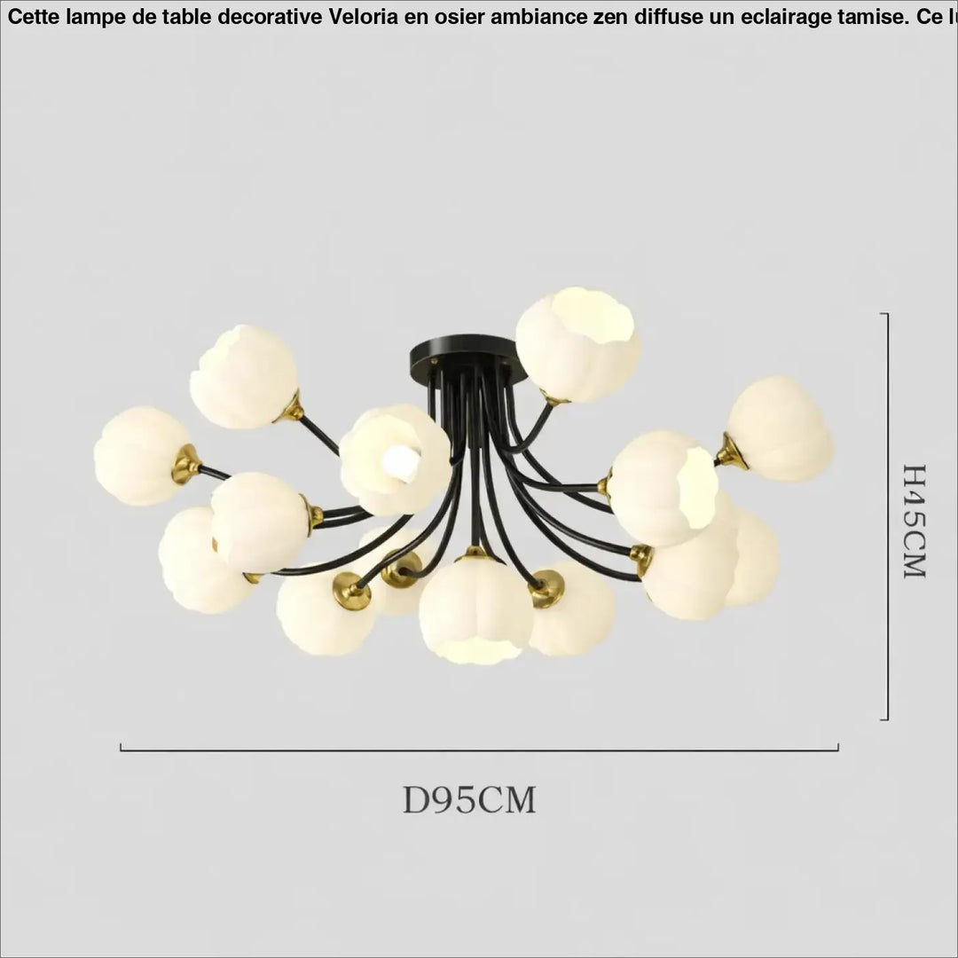 Suspension luminaire noire avec abat-jours en verre ivoire en forme de fleur pour un luminaire luxueuse floria