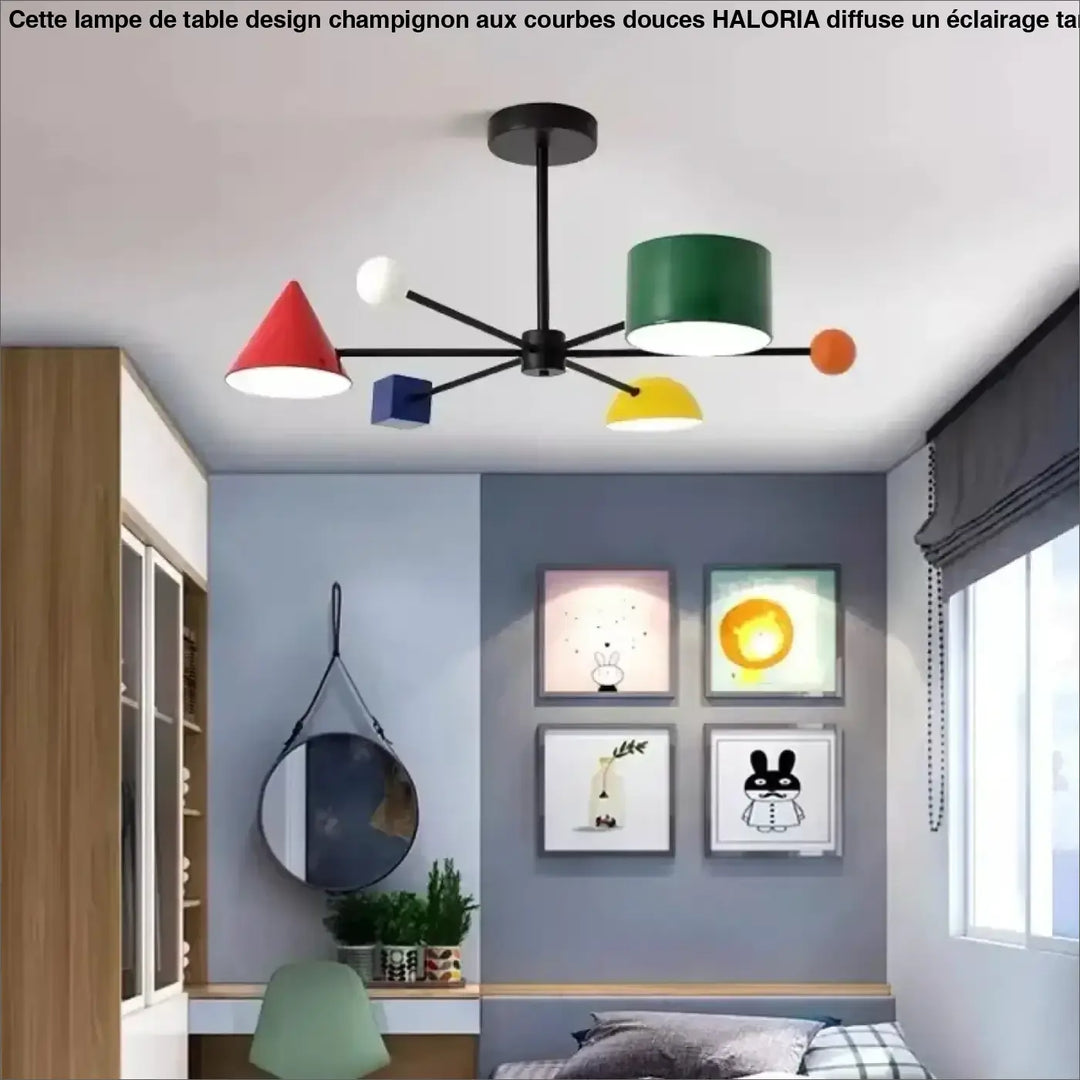 Suspension luminaire contri avec six abat-jours géométriques colorés et un noyau central noir moderne