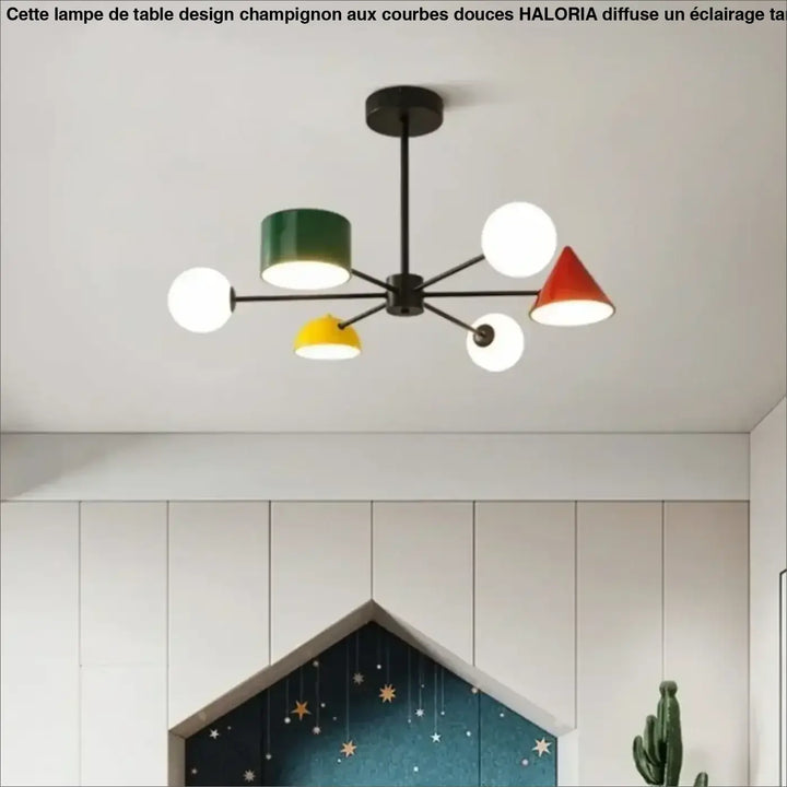 Suspension luminaire contri avec bras en métal noir et abat-jours géométriques colorés vert rouge jaune blanc