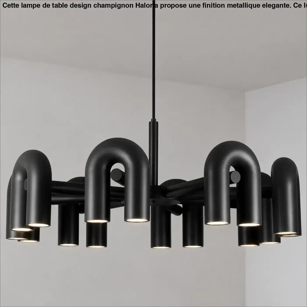 Suspension luminaire ura en finition mate noire avec bras courbés et spots cylindriques design moderne