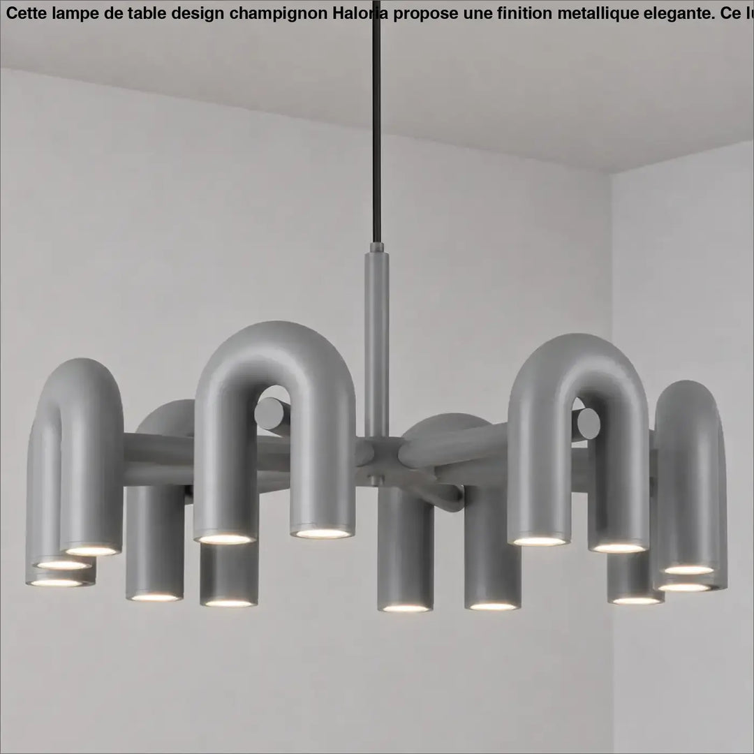 Suspension luminaire urA en métal gris moderne avec bras incurvés en u et luminaires cylindriques luminaire design
