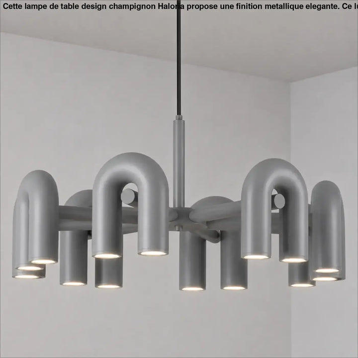 Suspension luminaire urA en métal gris moderne avec bras incurvés en u et luminaires cylindriques luminaire design