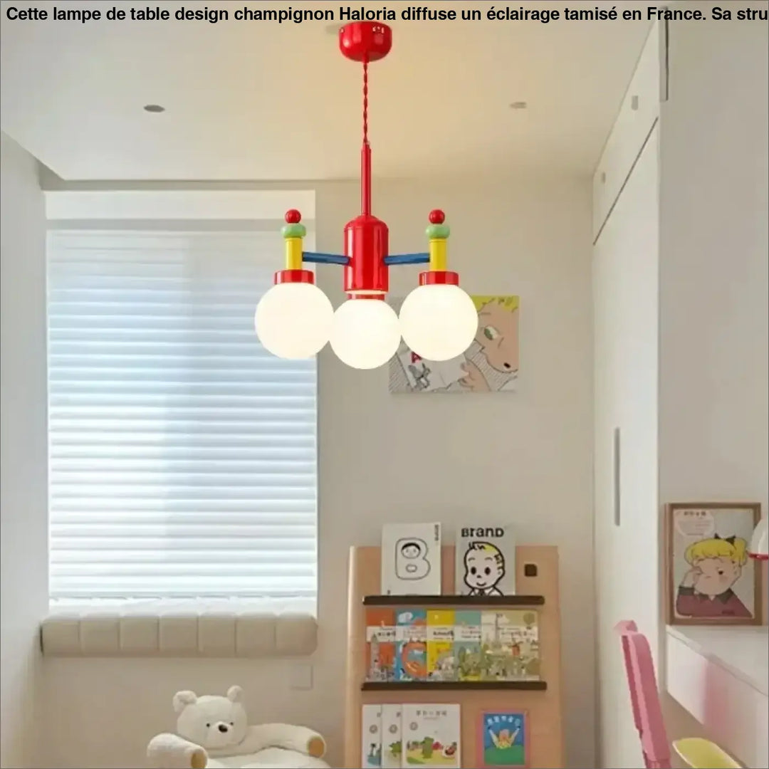 Suspension luminaire isaali avec abat-jour géométrique rouge et jaune et trois ampoules globe blanches 90-260v