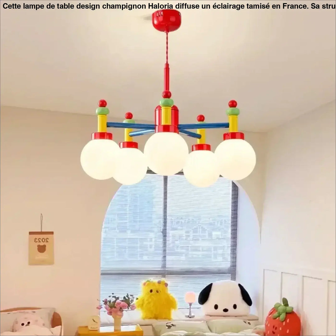 Suspension luminaire isaali colorée avec fixture rouge et bras multicolores en 90-260v et globes en verre blanc spherical