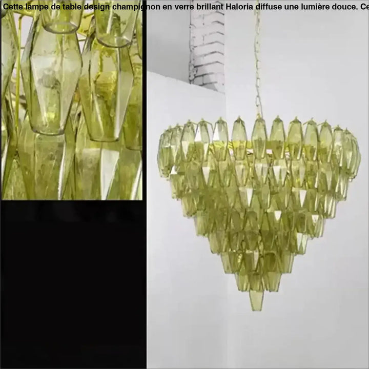 Suspension luminaire élégante en forme de cœur réalisée en bouteilles en verre olive taillées et translucides