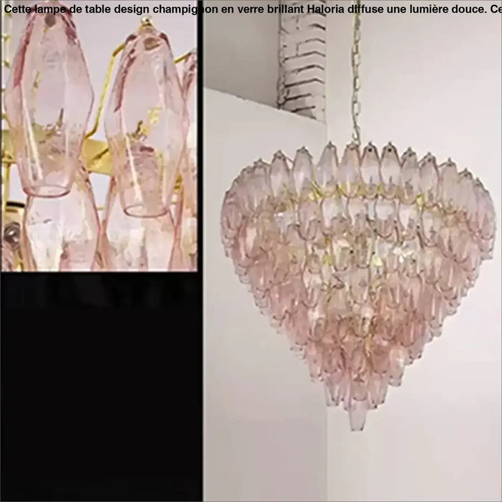 Suspension luminaire élégante en verre rose délicat avec design en forme de cœur, cristaux facettés et accents métal doré