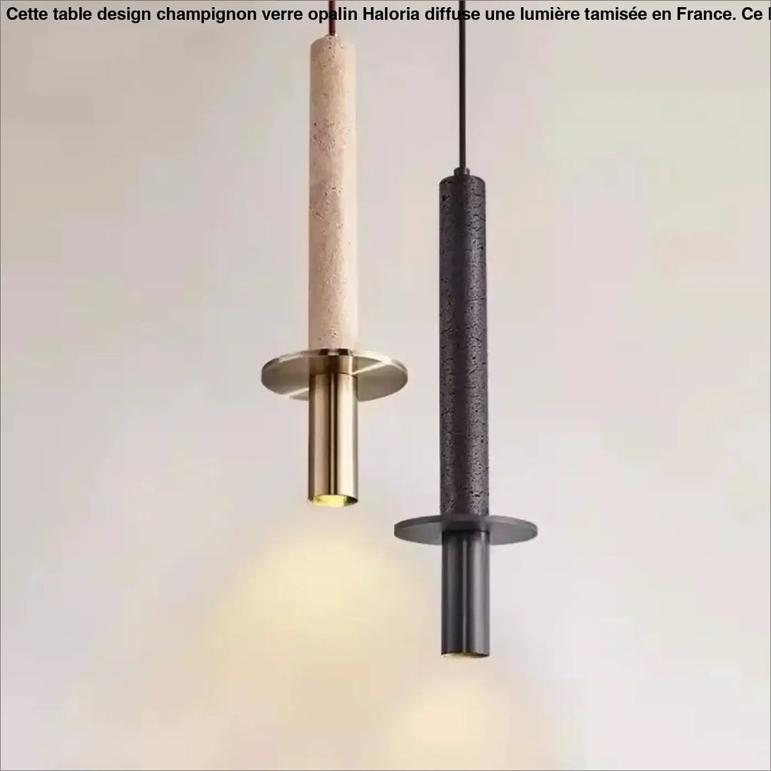 Suspension alva avec deux luminaires minimalistes en pierre naturelle beige clair et finition matte foncée pour décoration intérieure