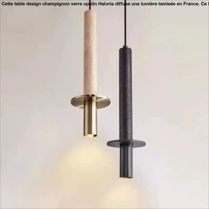 Suspension alva avec deux luminaires minimalistes en pierre naturelle beige clair et finition matte foncée pour décoration intérieure