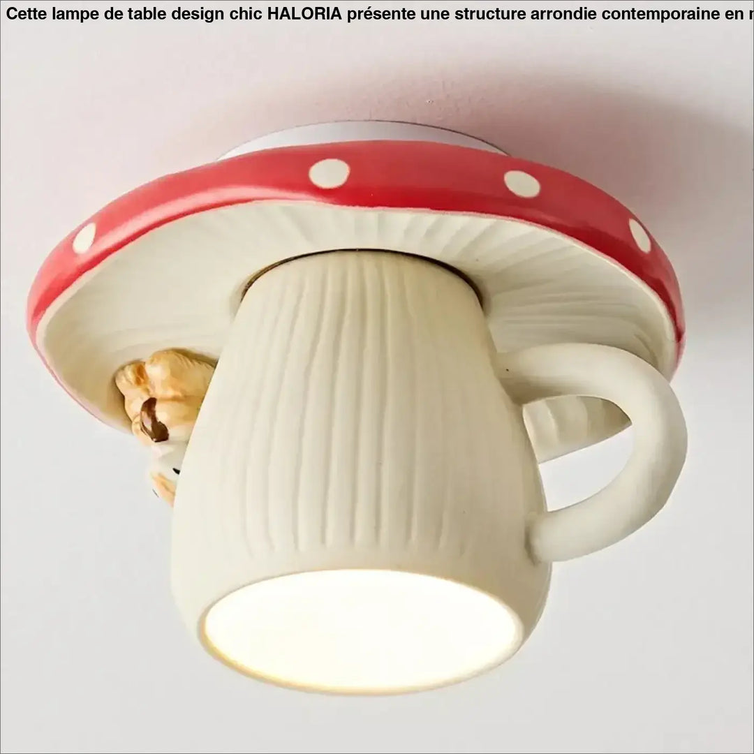 Luminaire plafonnier original en forme de tasse fantaisie avec chapeau rouge à pois et corps crème nervuré