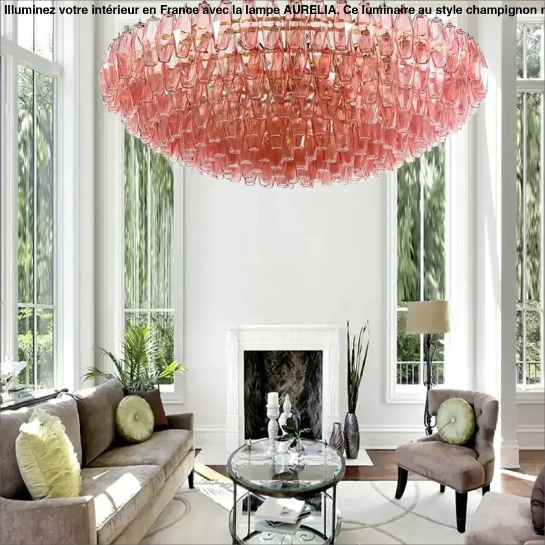 Suspension luminaire murano en verre sculpté rose translucide avec une finition soignée et un design en cascade