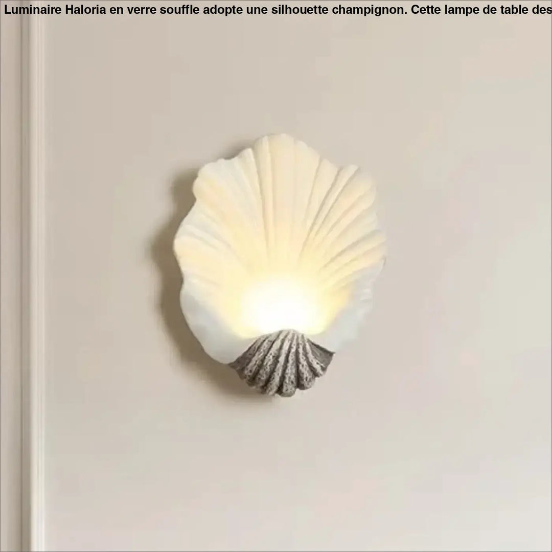 Applique murale TIAUIA coquillage off-white avec base grise texturée éclaire chaleureusement