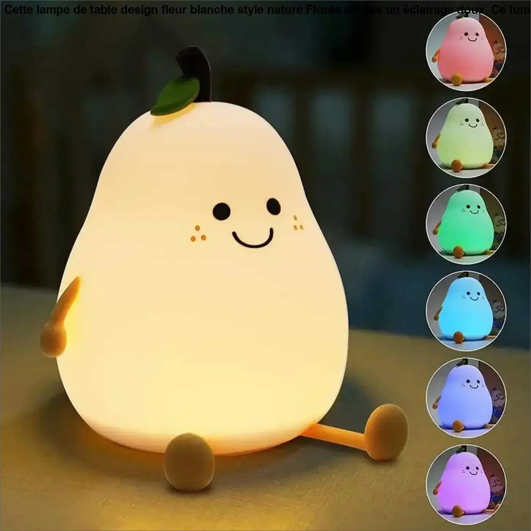 Veilleuse fruit poire en forme de poire avec visage souriant et lumière douce jaune pour chambre d’enfant