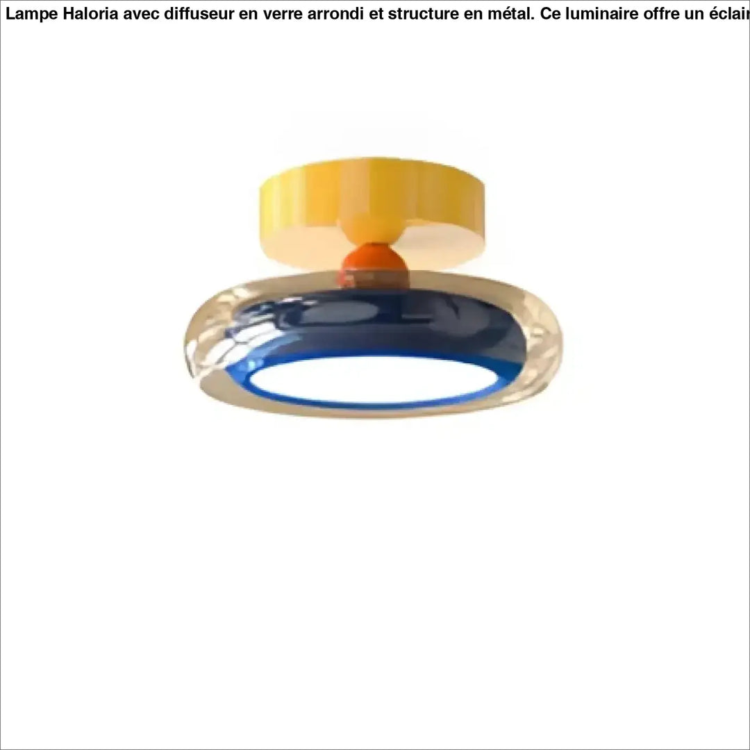 Luminaire plafonnier auriona avec verre soufflé bleu translucide et top circulaire jaune pour un éclairage décoratif moderne