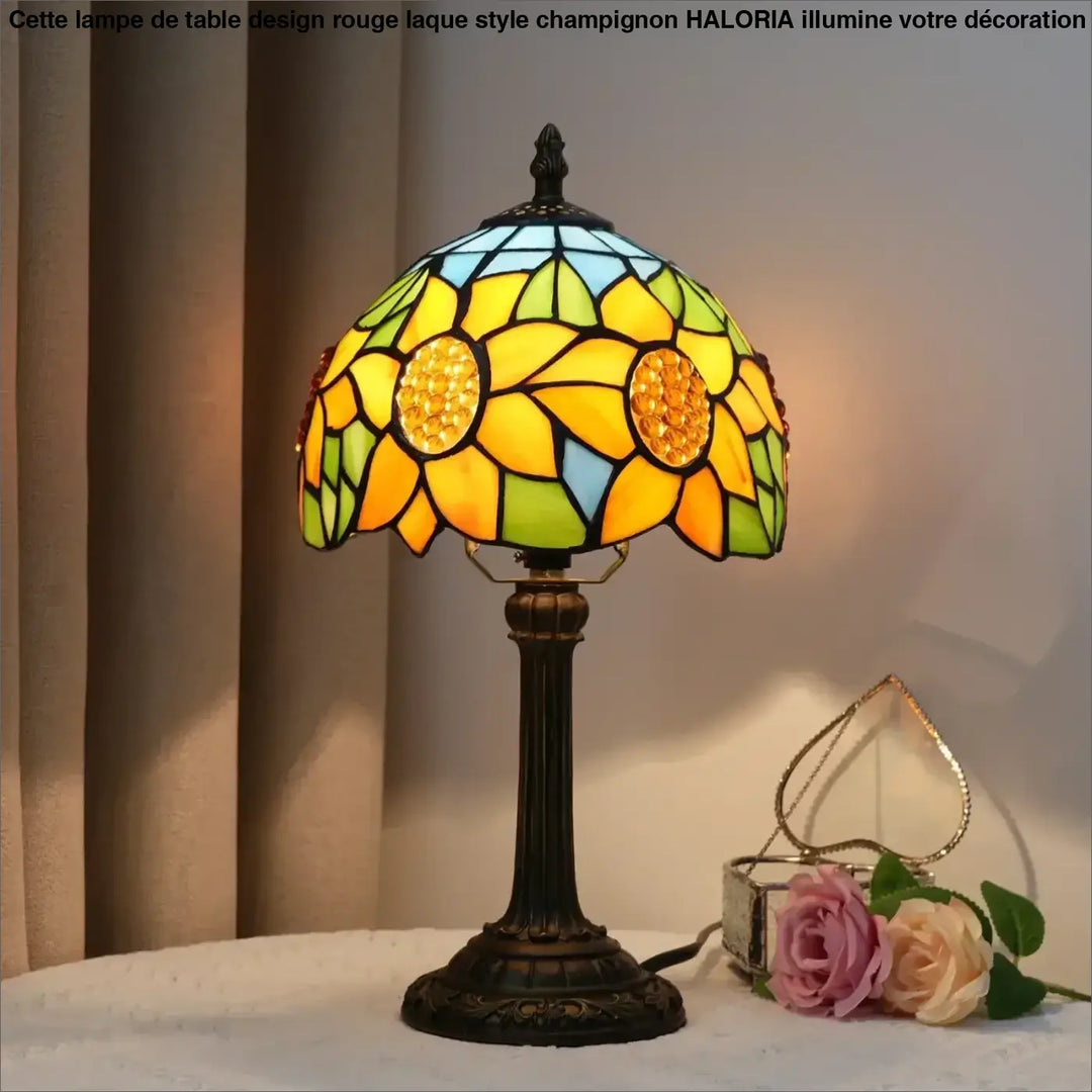 Lampe de table sunny en verre multicolore avec motif tournesol et base bronze foncé pour décoration intérieure raffinée