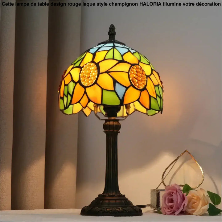 Lampe de table sunny en verre multicolore avec motif tournesol et base bronze pour décoration intérieure élégante