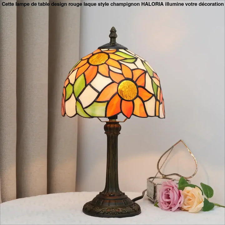 Lampe de table sunny avec verre multicolore en forme de tournesol et base en bronze pour décoration intérieure élégante