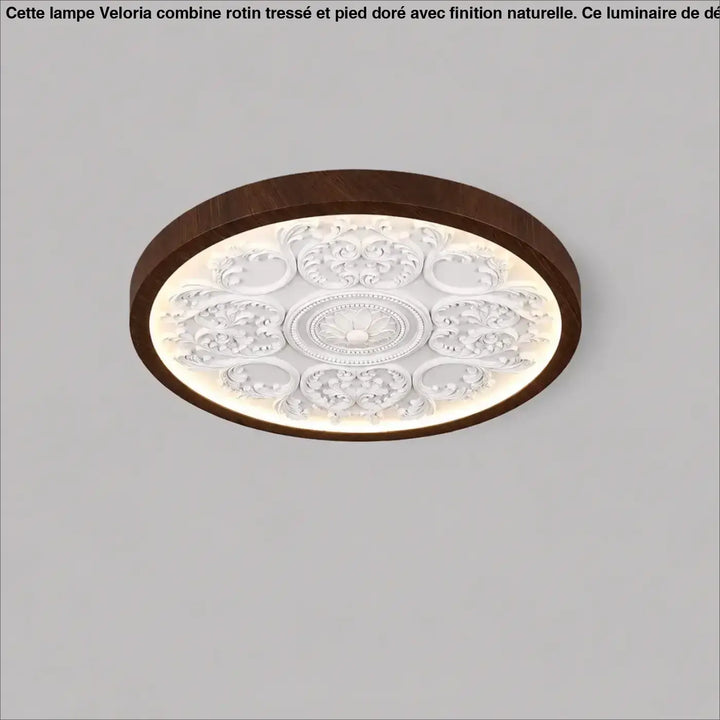 Luminaire plafonnier rostl avec cadre en bois foncé et centre en verre dépoli blanc orné de motifs floraux design rond