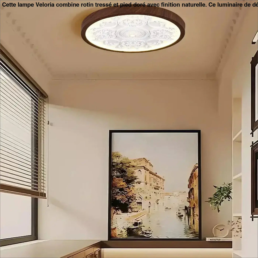 Luminaire plafonnier rostel avec design rond à cadre en bois foncé et centre blanc lumineux à motif blanc complexe