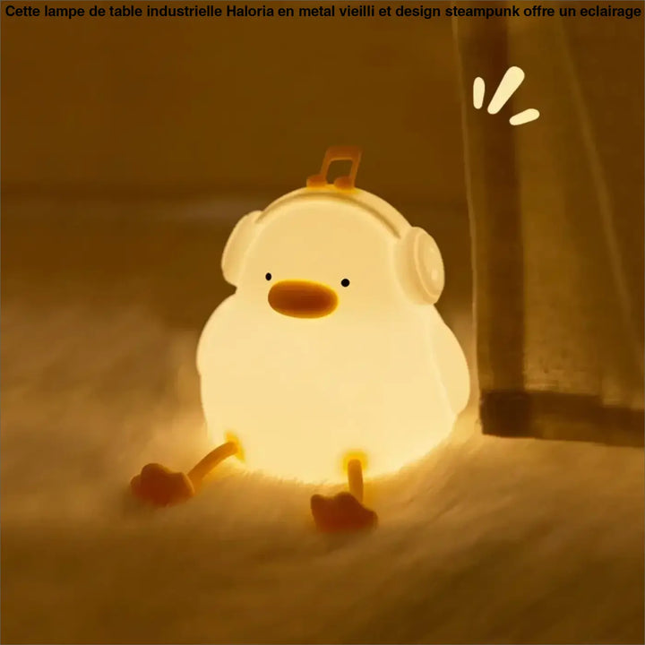 Veilleuse canard daffy lumière douce blanche avec bec et pieds orange et casque pour chambre d’enfant