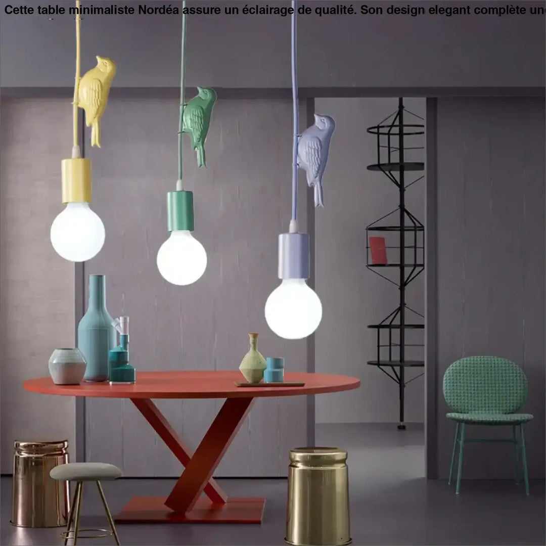 Suspension luminaire alya avec corps en céramique mat coloré en forme d’oiseau et ampoules apparentes pour chambre