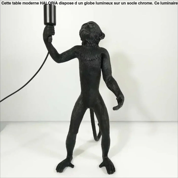 Lampadaire singe noir avec finition texturée tenant un luminaire cylindrique sur une base élégante et détails fins