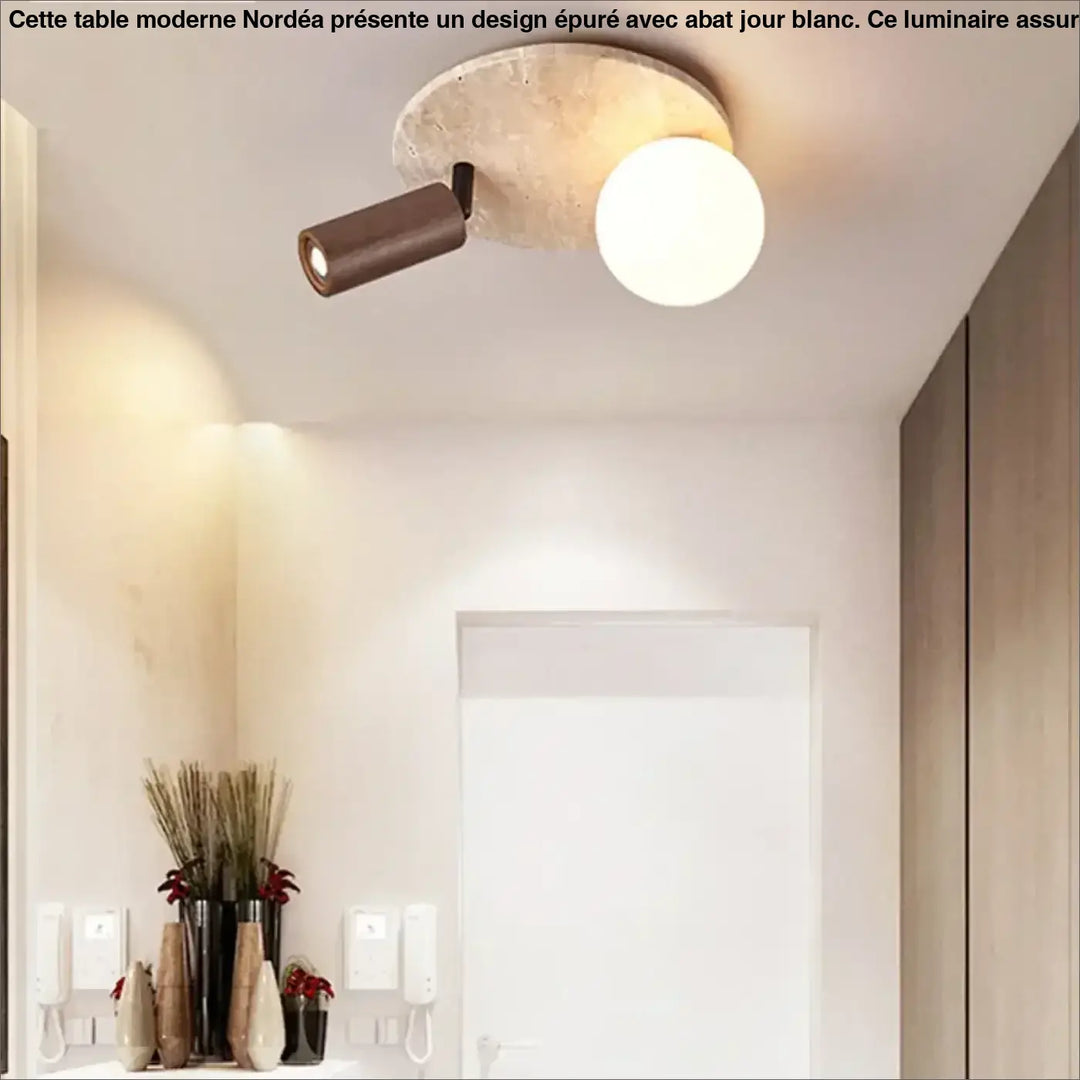 Luminaire plafonnier medier avec base en béton texturé, spot orientable bronze mat et globe en verre opalin design minimaliste