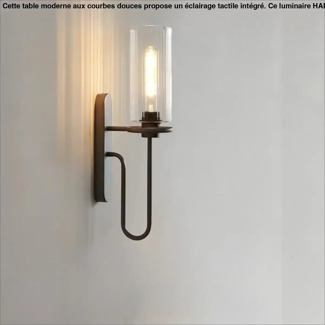 Applique murale loftia en bronze foncé avec bras métallique courbé et cylindre en verre clair abritant une ampoule filament