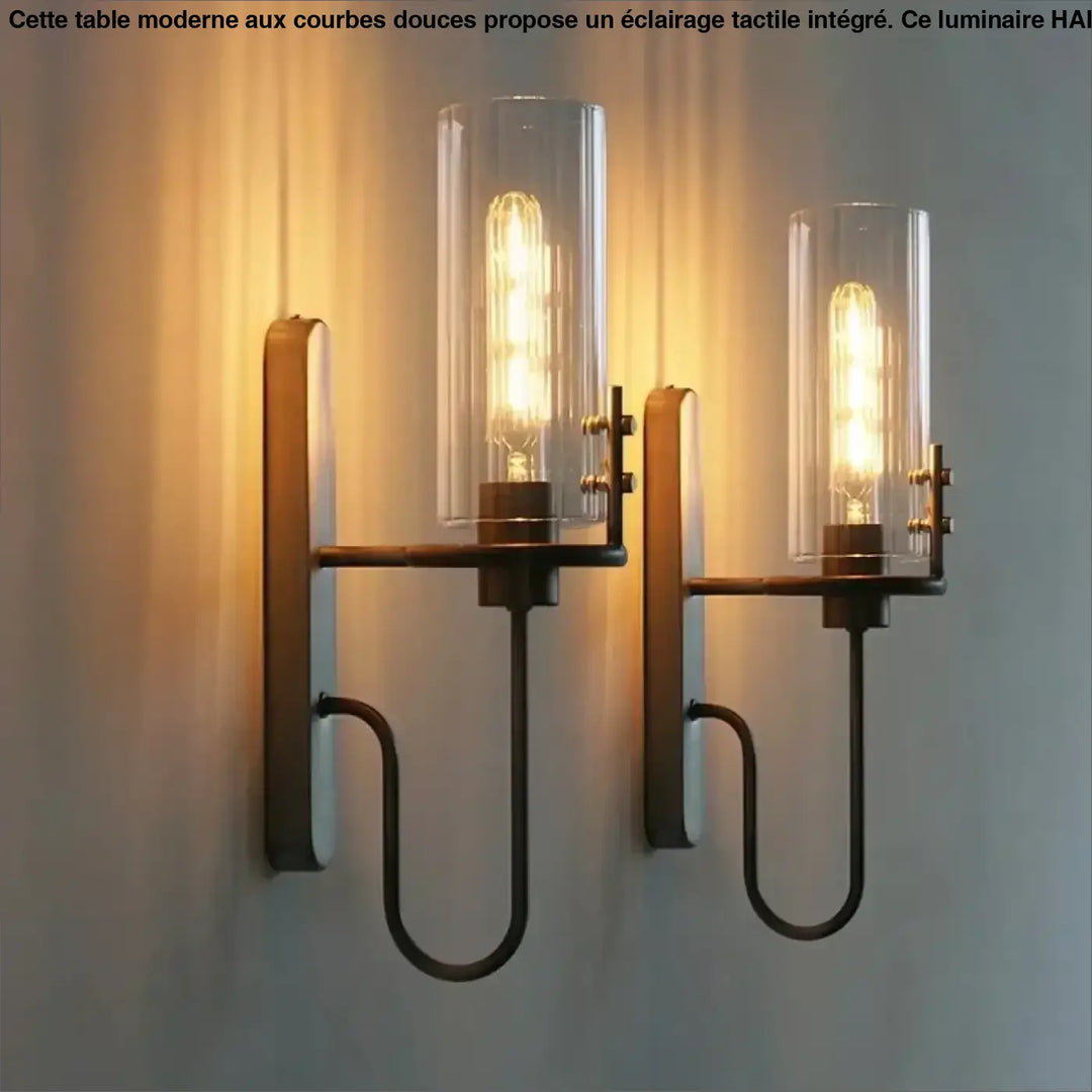Applique murale industriale en metal bronze fonce avec deux cylindres en verre transparent et ampoules a filament visible