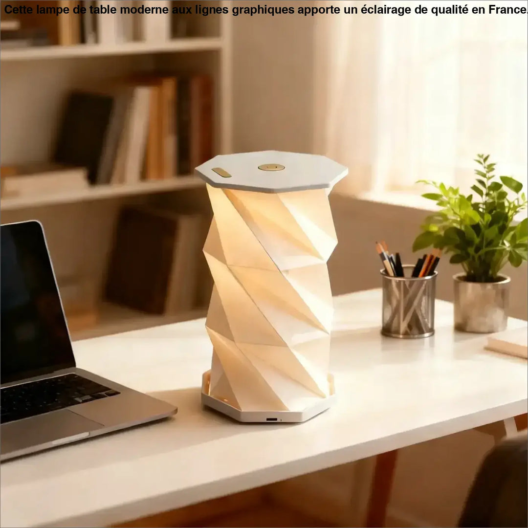 Lampe de table twistia en papier blanc géométrique avec base hexagonale éclairage doux motif torsadé