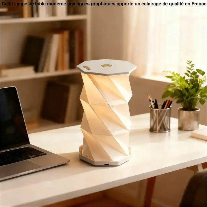 Lampe de table twistia en papier blanc géométrique avec base hexagonale éclairage doux motif torsadé