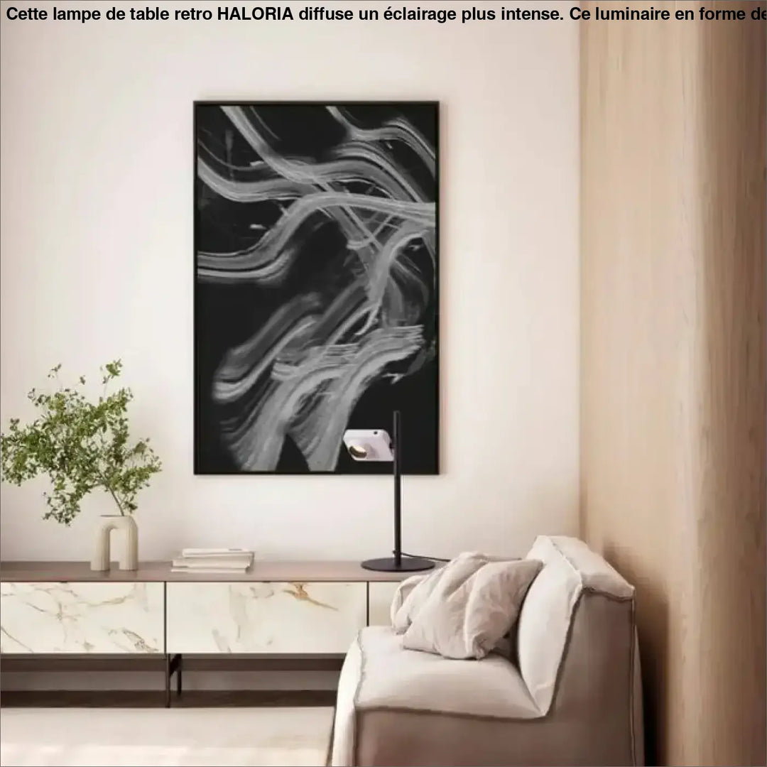Lampe de table eclia avec toile abstraite noir et blanc et éclairage directionnel design à tige élancée