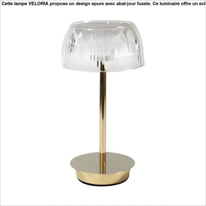 Lampe de table eclatia avec abat-jour en verre facetté transparent sur tige et base circulaire à finition dorée élégante