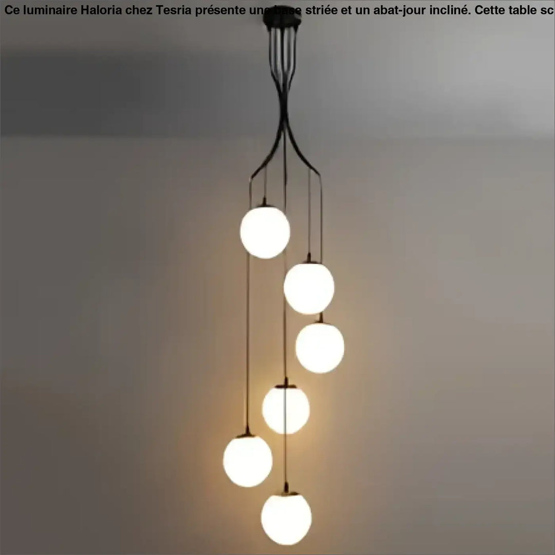 Suspension luminaire umami moderne avec neuf ampoules sphériques en verre suspendues à une structure métallique noire