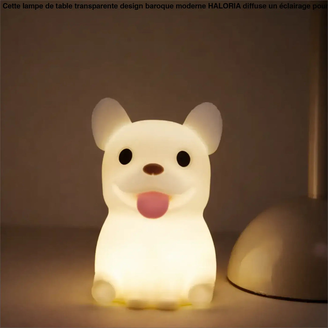 Veilleuse snoozy en forme de chien cartoon avec lumière douce led blanche, nez marron, yeux noirs et langue rose, veilleuse animalière craquante