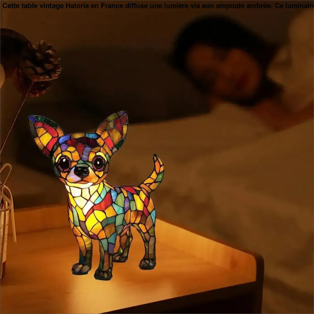 Veiluse design chien chihuahua en vitrail coloré avec mosaïque jaune, bleu, rouge et vert pour décoration intérieure