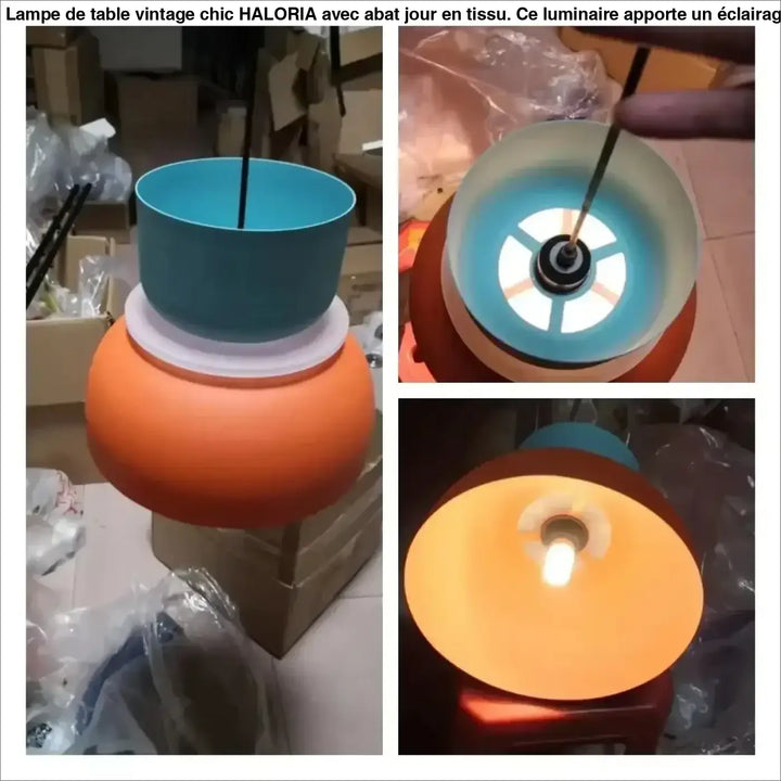 Suspension luminaire koppa design scandinave avec tasses superposées orange et teal à base circulaire blanche
