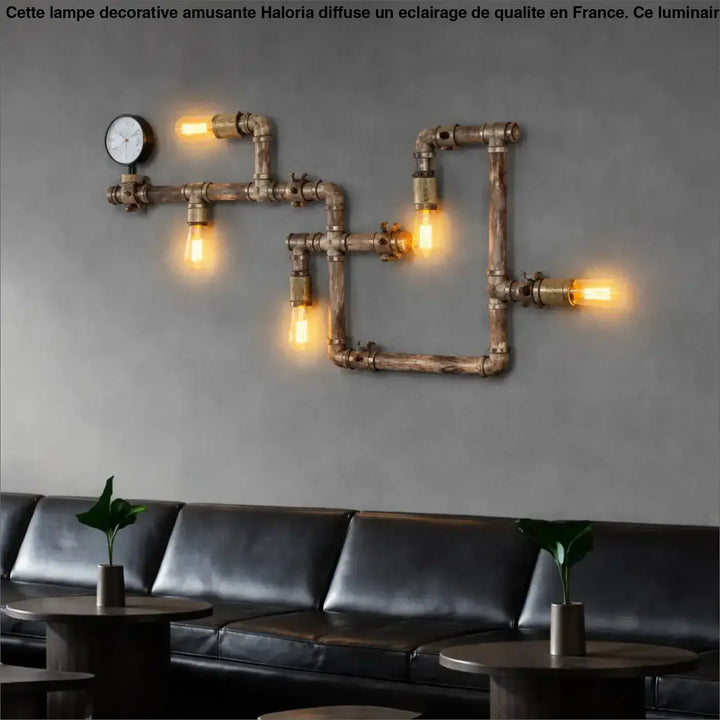 Applique murale roby style industriel en tuyaux métalliques vieillis et raccords en laiton avec ampoules edison éclatantes