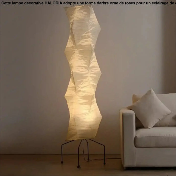 Lampadaire saki avec abat-jour en papier de riz led crème ondulé et trépied métallique noir inspiré par akari noguchi
