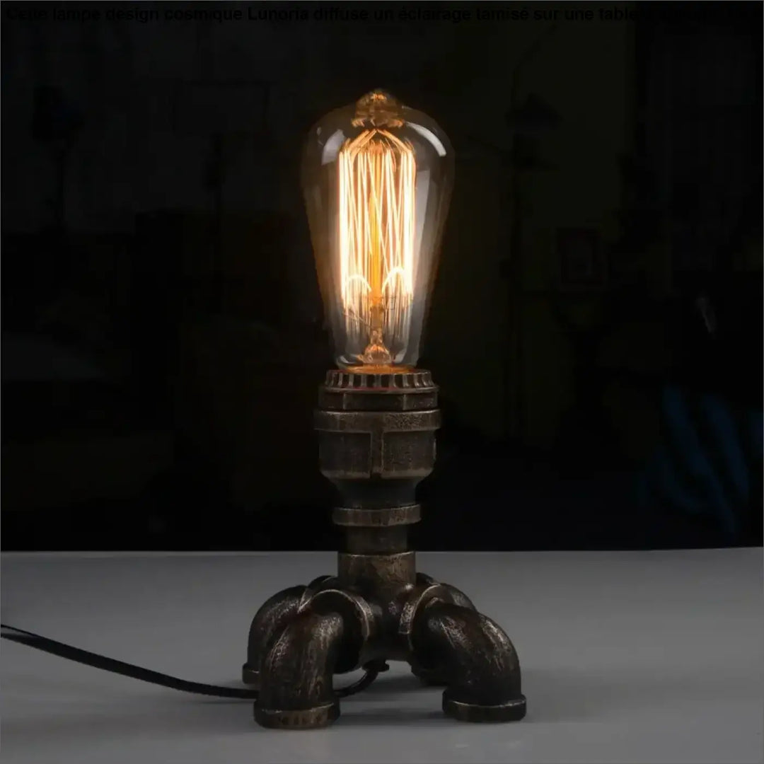 Lampe de table forge en style industriel avec ampoule à filament dans verre transparent sur base métallique sombre pour décoration intérieure chaleureuse