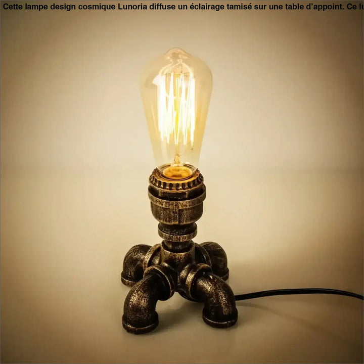 Lampe de table forge style industriel avec base en tuyau finition laiton et ampoule edison pour une décoration intérieure chaleureuse