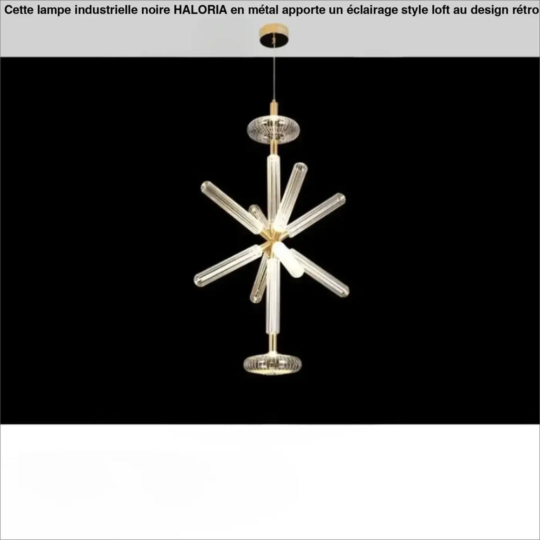 Suspension luminaire striel moderne avec bras en verre cannelé clair et accents métalliques dorés esthétique artistique