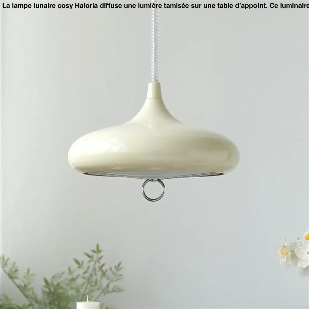 Suspension luminaire haus en émail crème brillant forme goutte d eau avec anneau métal argenté base vintage